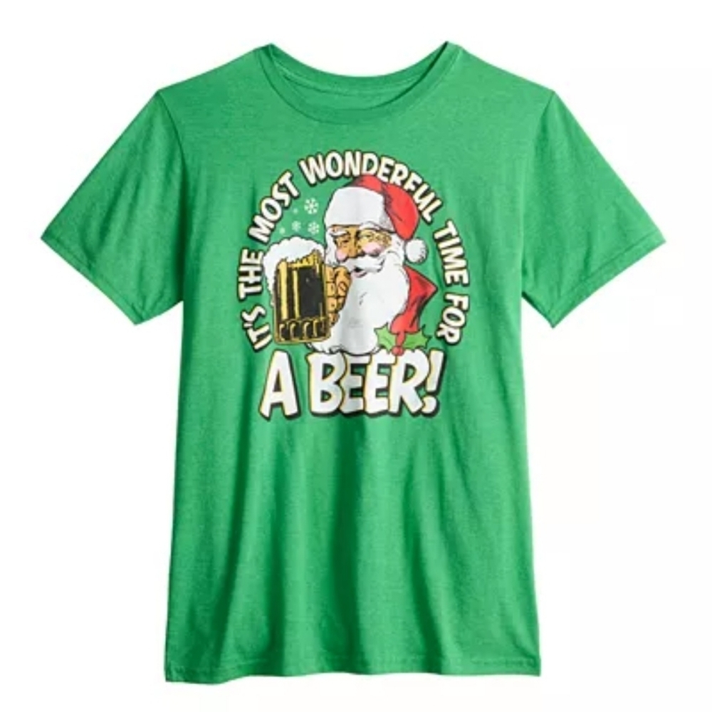 Kohl’s MAD Engine ✦ Holiday Tee ✦ Green Santa Likes Beer Too Christmas Shirt L